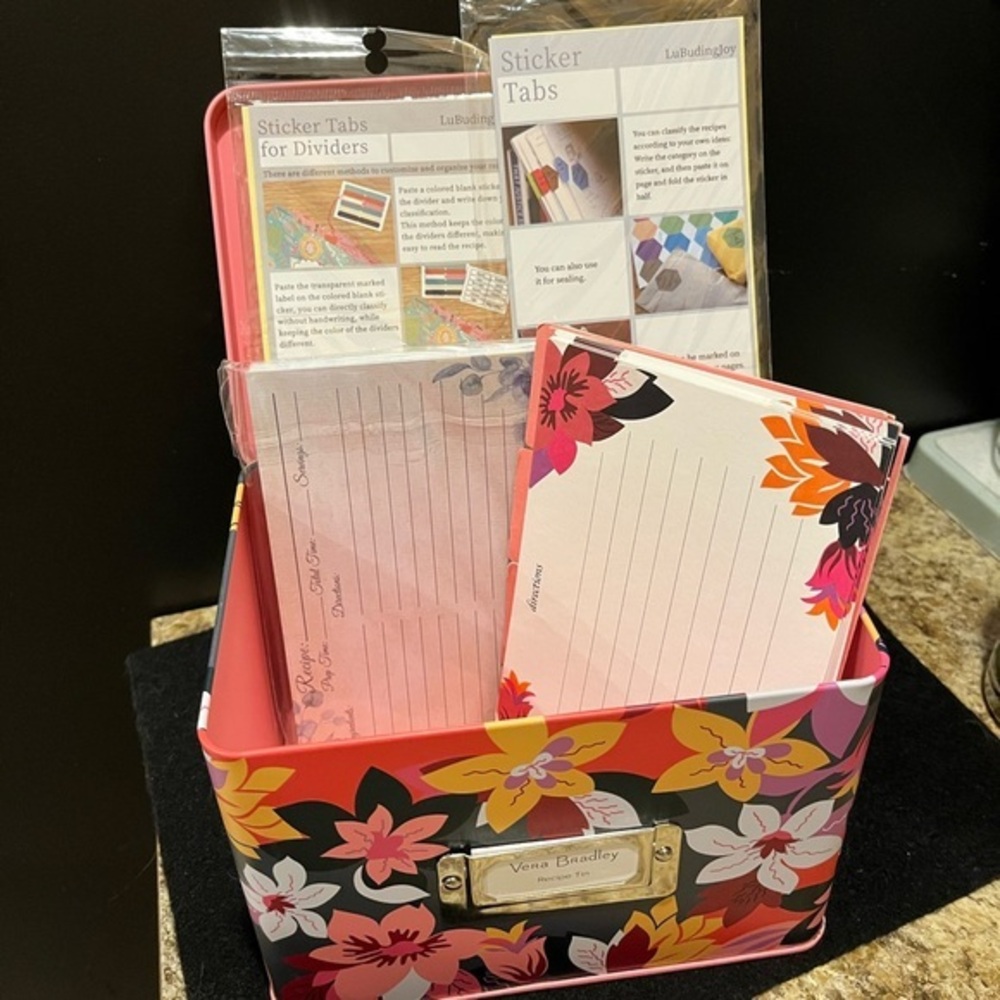 Vera Bradley Colorful Pink Floral Recipe Box with Cards